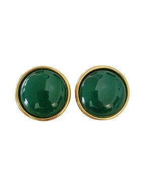 Czech Green Uranium Glowing Round Glass Gold Tone Clip On Earrings E764